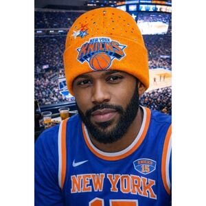 New York Knicks Orange Beanie design with logo, stars & rhinestones